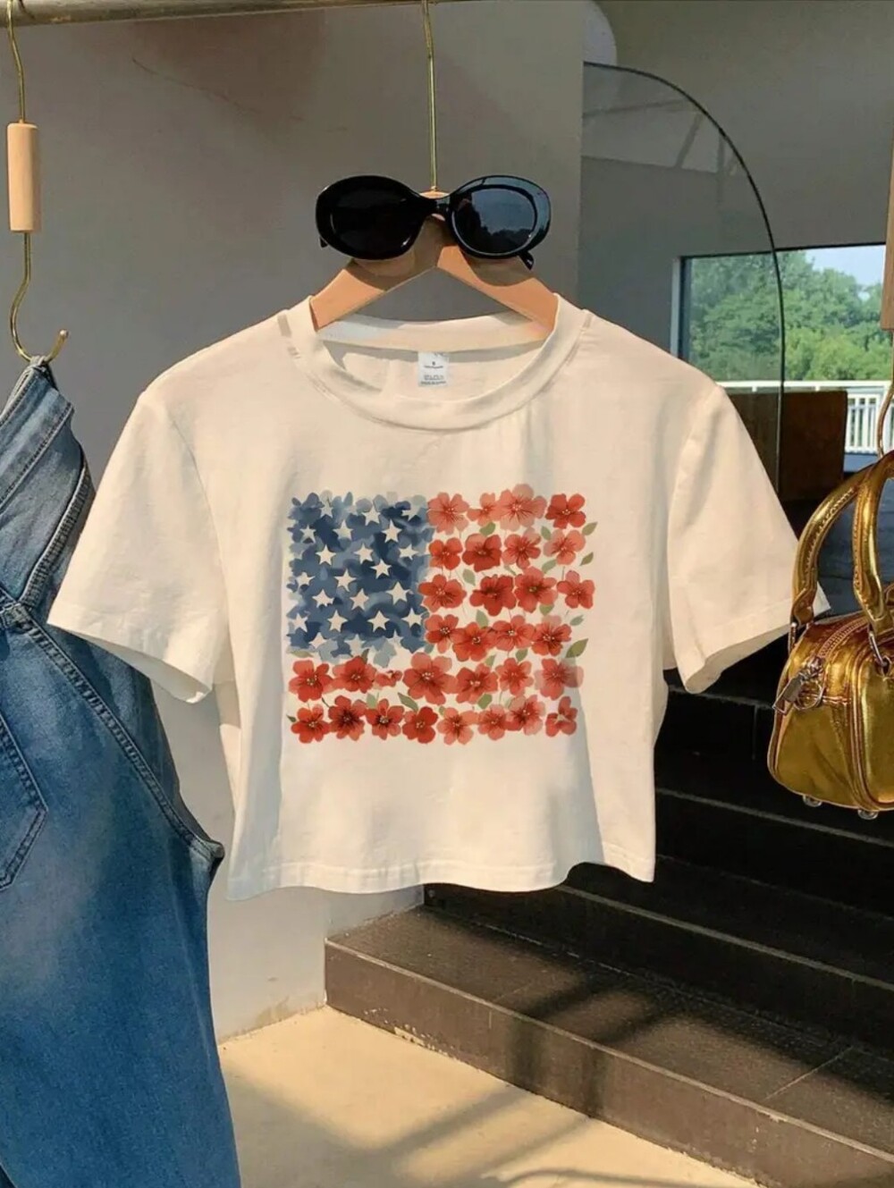 Women's White Floral American Flag Crop Tee